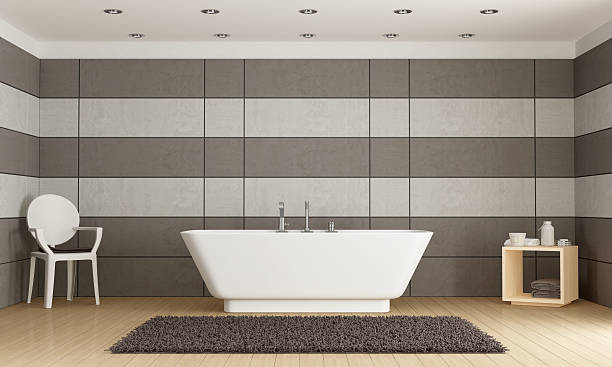 istock Minimalist bathroom with bathtub 184055348