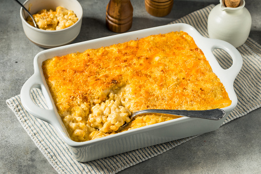 Homemade Baked Macaroni and Cheese in a Casserole Dish