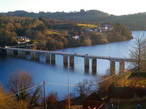 Miño river, landscape from Portomarín village, bridge over Belesar reservoir, Lugo province, Galicia, Spain. Camino de Santiago, camino francés.