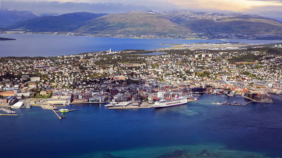 Aerial view of the town Tromsoe which  lies nearly 70 degrees north and is Northern Norways largest city.