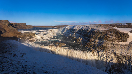 Snow and ice at gullfoss waterfall in iceland