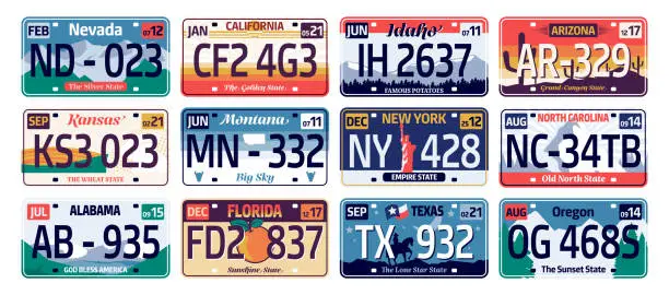 Vector illustration of Vehicle registration plate. American license plate with state name and numbers, Idaho, Texas, Oregon, Arizona, California, Nevada, Kanzas, Florida. Vector set