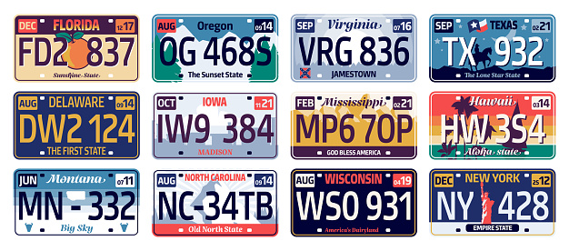 Car plate usa states. State id numbers collection, country registration tags, driver license for Florida, Oregon, Virginia, Hawaii, Mississippi, Wisconsin. Vector set. Metal signs for automobiles