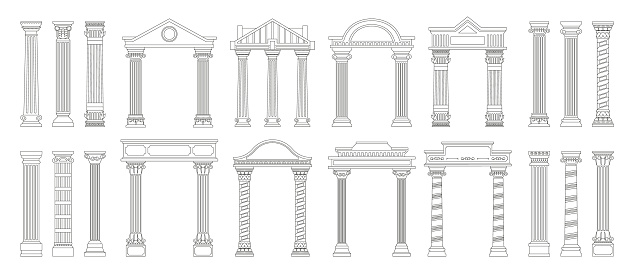 Ancient line columns. Antique doodle style roman architecture pillars with decorative elements, outline greek columns. Vector collection. Creative arch design isolated set. Old classical objects