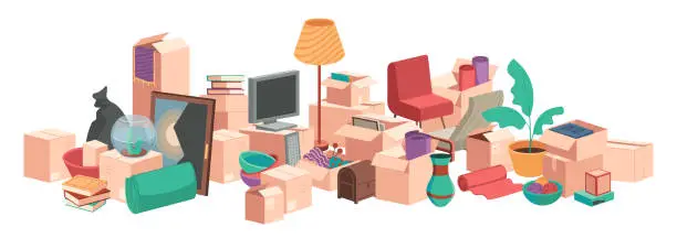 Vector illustration of Stuff for relocation. Cartoon moving and relocating service concept, pile of cardboard boxes and belongings. Vector flat illustration