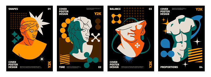 Y2k cover. Abstract modern typography banners with geometric shapes and cosmic elements. Vector 90s retro print design layout. Poster designn with ancient statues and colorful shapes set