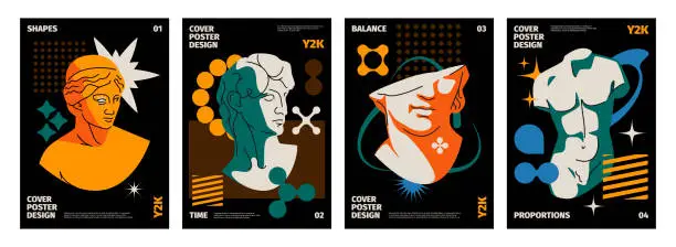 Vector illustration of Y2k cover. Abstract modern typography banners with geometric shapes and cosmic elements. Vector 90s retro print design layout