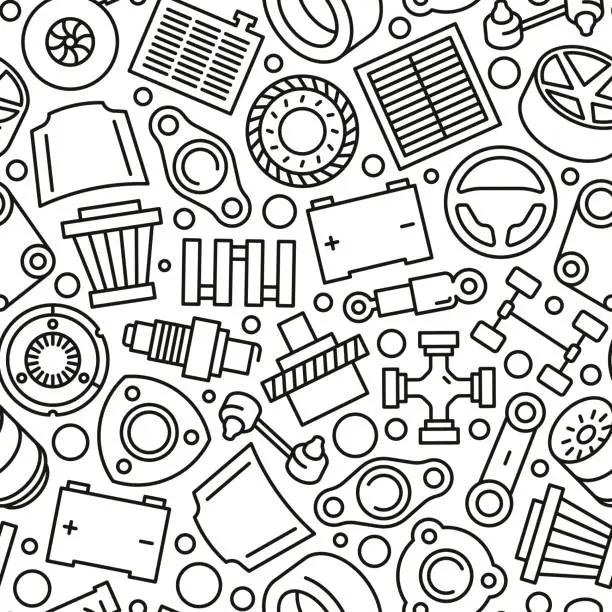 Vector illustration of Auto spare parts pattern. Seamless print of mechanic car parts, linear texture of oil filter, timing belt, radiator and spark plug. Vector texture