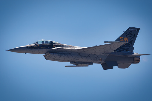 Miramar, California, USA - September 24, 2023: Major Aimee Rebel Feidler of the USAF F-16 Viper Demonstration Team at America's Airshow 2023.
