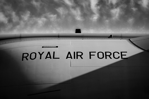 Mid-air refueling of an F-16 from the boom pod of a KC-135 Stratotanker.