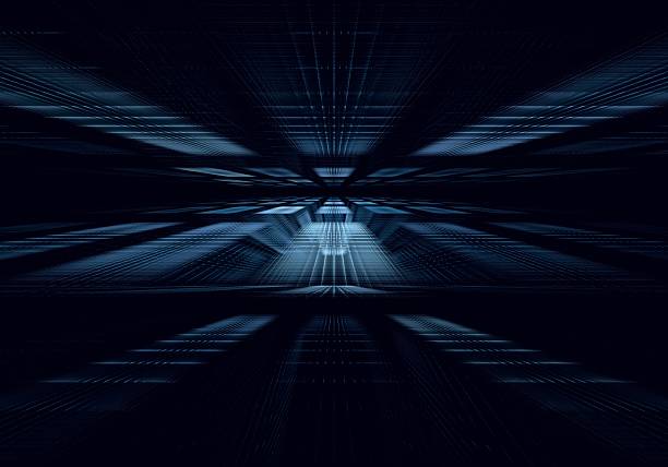 Horizon perspective abstract fractal blue rectangles square on a black background