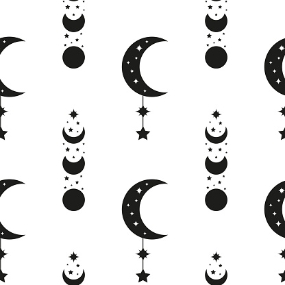 Black and white boho seamless pattern with crescents, moon phases and stars. Bohemian modern background. Celestial wrapping paper.