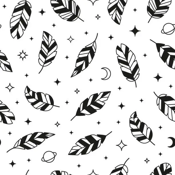 Vector illustration of Seamless pattern with feathers, moon, planets, stars.