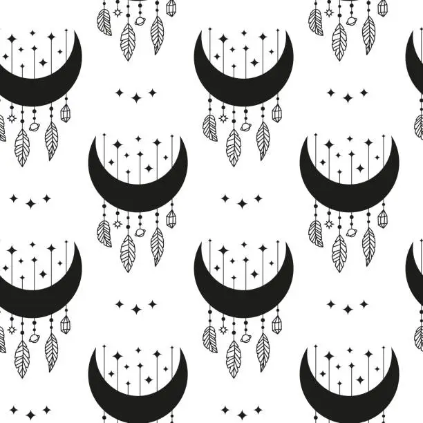 Vector illustration of Seamless pattern with crescent, stars and feathers.