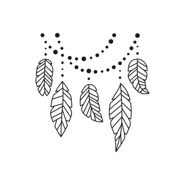 Vector illustration of Boho stylized outline bird feathers and witchy beads.