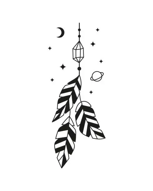 Vector illustration of Boho stylized bird feathers, crystal, moon and planet.