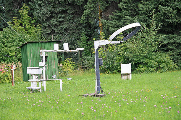 Weather Station psychrometric booths with the instruments at the weather station on the territory of Moscow State University (Moscow, Russia) meteoobservatoriya stock pictures, royalty-free photos & images