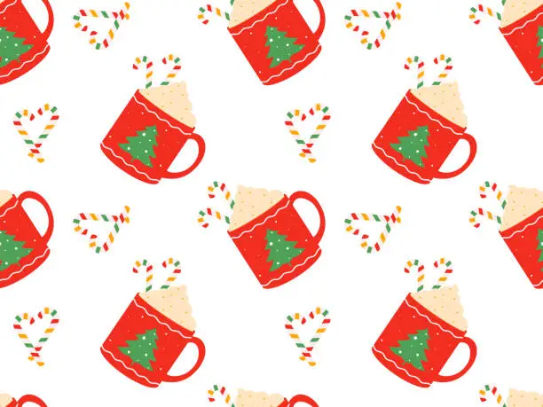 Vector illustration of Hot drinks pattern. Seamless Cups with warm drink variants. Vector flat repeated background for wallpaper, wrapping, packing, textile