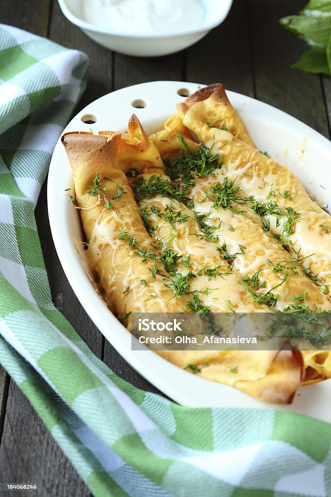 pancakes stuffed with mushrooms and meat pancakes stuffed with mushrooms and meat, close up Baked Stock Photo