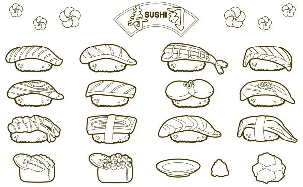 Vector illustration of Sushi line drawing illustration set for coloring book