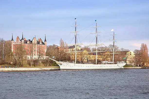 City landscape. Ships are in port of city Stockholm