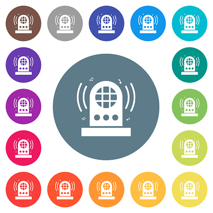 Jukebox flat white icons on round color backgrounds. 17 background color variations are included.