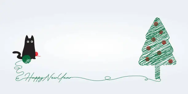 Vector illustration of Handwritten Happy New Year design combining pine tree, ball of string and cat illustration