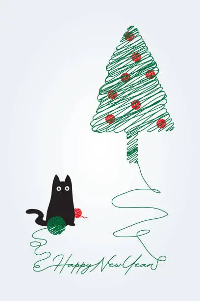 Vector illustration of Handwritten Happy New Year design combining pine tree, ball of string and cat illustration