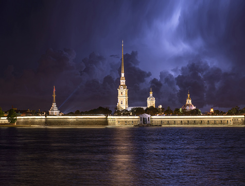 Peter and Paul fortress cityscape, Saint Petersburg, Russia, night view during lightning in sky