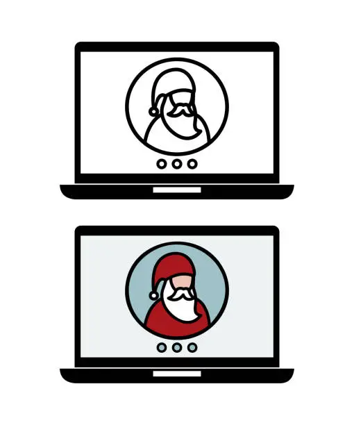 Vector illustration of Santa Claus online, video call with Santa. Laptop conference call.