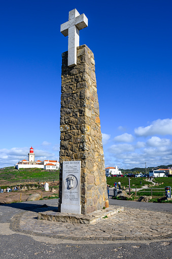 Sintra, Portugal - Nov 13, 2023: The monument marks the significance of Cabo da Roca as the westernmost point of continental Europe. It has an inscription by Portuguese poet Luís de Camões.