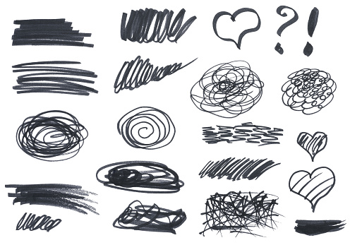 Various black marker shapes on a white background, frame, heart and question mark