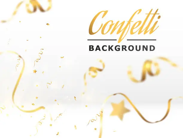 Vector illustration of Confetti background.Birthday,anniversary,celebration banner.Falling shiny golden confetti.Background for anniversary party.Elements for preparing holiday design.