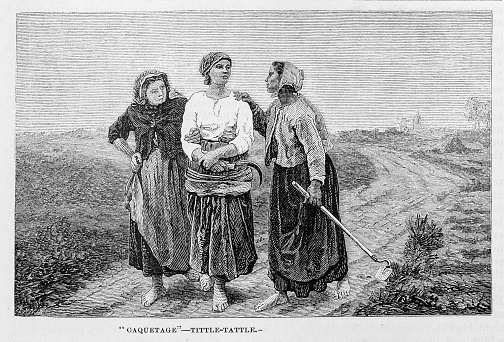 Illustration from Harper's New Monthly Magazine Vol. LIV December 1876 to May 1877: From a painting by Jules Adolphe Breton: Three women carrying farming tools have a conversation as they walk barefoot on a dirt road leaving the fields.