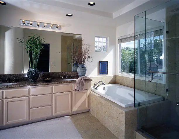 "Modern Elegant Bathroom Vanity, Shower and Tub"