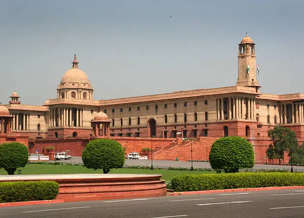 "Subject: The street view of the Indian Parliament in New Delhi, India.Location: New Delhi, India."