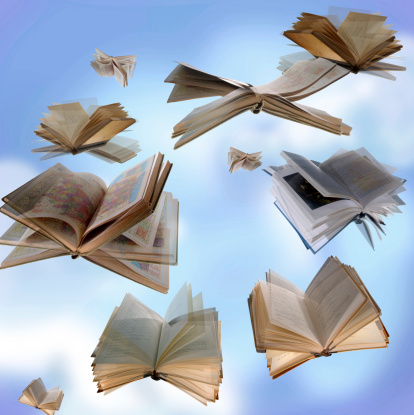 A flock of library books set free to fly.