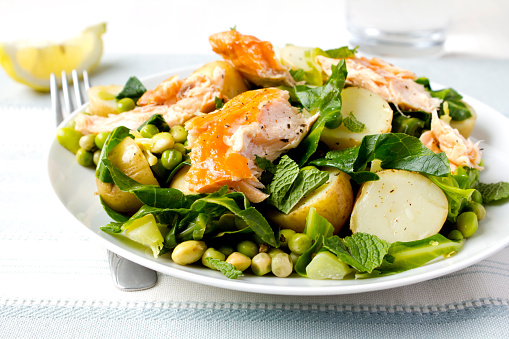 Warm salad with salmon, new potatoes, peas and mint.