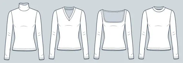 Vector illustration of Long Sleeve Shirt technical fashion illustration. Set of Tee Shirts fashion flat technical drawing template, round neck, roll neck, square neck, v-neck, slim fit, front view, white, women Top CAD mockup set.