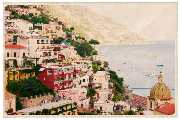 Duomo Santa Maria Assunta - Vintage Postcard "Retro-styled postcard of colorful row houses in Positano, Italy (on the Amalfi Coast)  -- in the bottom right is Duomo Santa Maria Assunta, located above the Spiaggia Grande Beach. For hundreds of other vintage postcards, click the banner below:" amalfi coast photos stock pictures, royalty-free photos & images