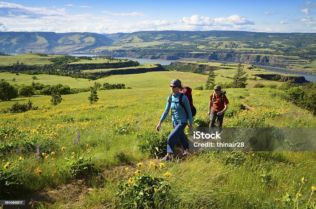 Couple hiking through meadow with flowers "A young couple hike up a trail with abundant wildflowers at the Tom McCall Nature Reserve in the Columbia River Gorge, Oregon." Columbia River Gorge Stock Photo