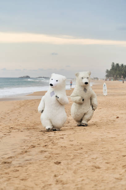 istock Animators dressed as polar bears entertain people on the beach 1840908768