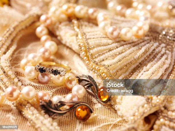 Beaded Bag And Vintage Jewellery Stock Photo - Download Image Now - Jewelry, Lace - Textile, Retro Style