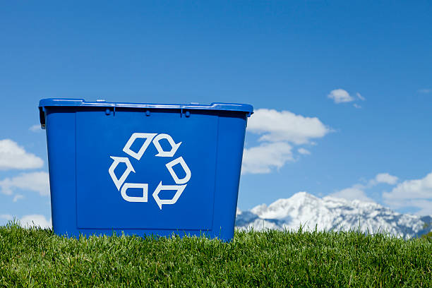istock A blue recycle container on grass and mountains in the back 184091581