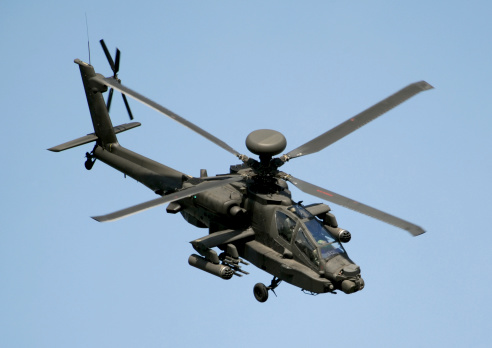 Sanicole, Belgium – September 10, 2022: A view of the AH64 Apache taking off during the rainy sunset