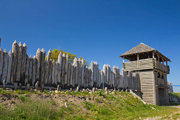 Ancient wooden fortress on a background of river spaces. Russia, Tatarstan, ancient Bulgar fortress in Yelabuga. High quality photo