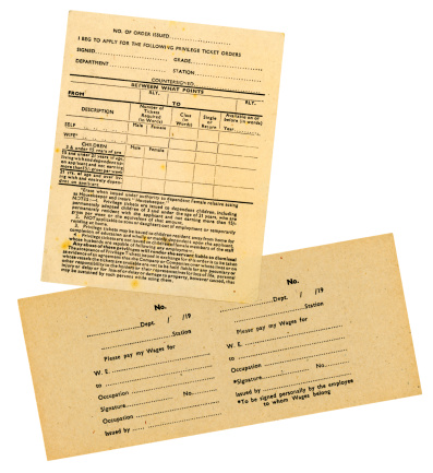 Railway employees' forms from the 1920s. One is a request for travel passes for relatives and the other is a weekly wages request form.More old ephemera from my portfolio: