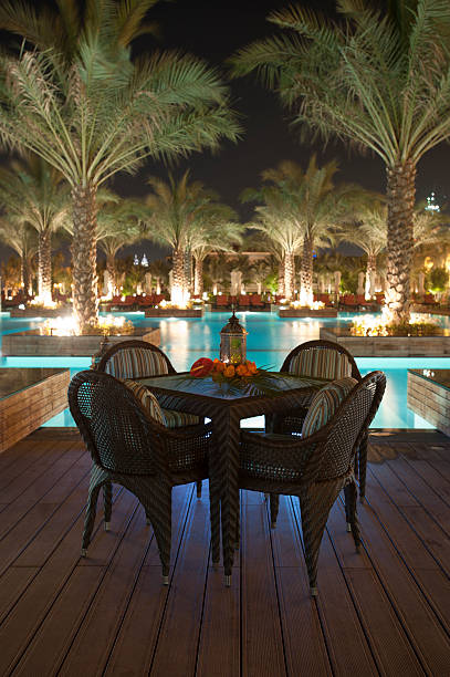 istock Tourist resort pool at night 184094648