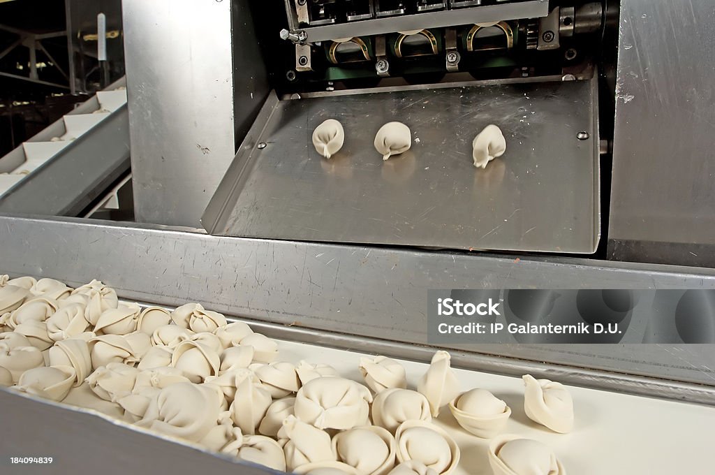 Production line in the food factory. Automated production line in modern food factory. Ravioli production. Food Processing Plant Stock Photo