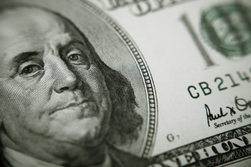 Benjamin Franklin 100 dollar bill closeup